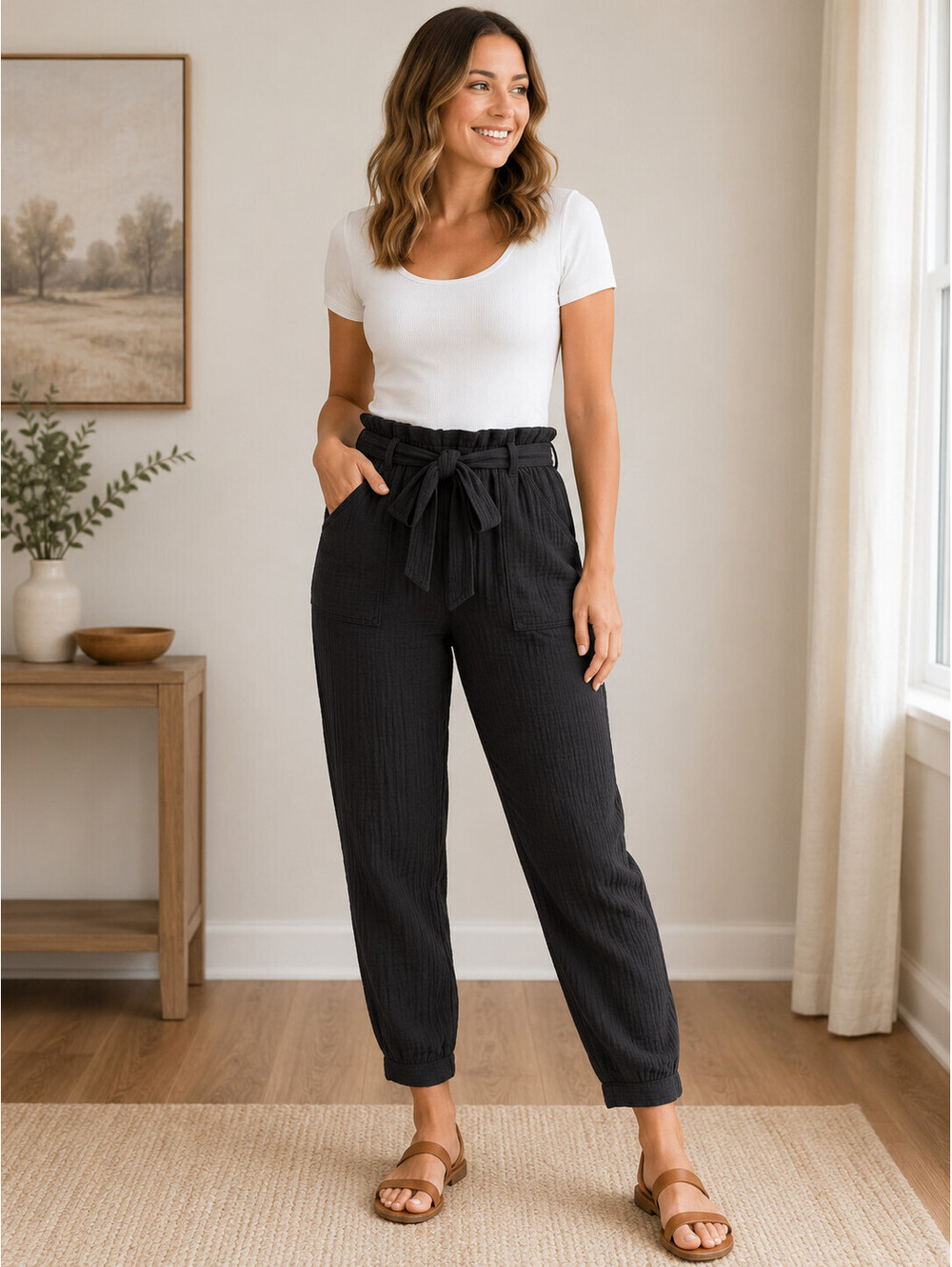 Magaschoni Pants Womens M Black Gauze 100 Cotton Paperbag Crop Tie Waist Pockets